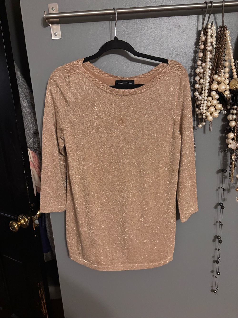 Jones New York Metallic Knit Long Sleeve Top in Champagne Gold